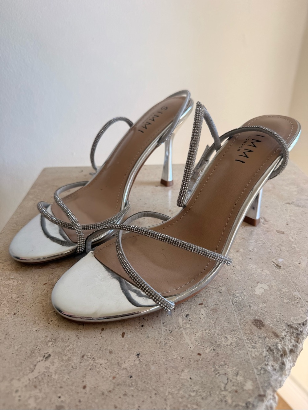SIMMI Silver Rhinestone Strappy High Heel Sandals